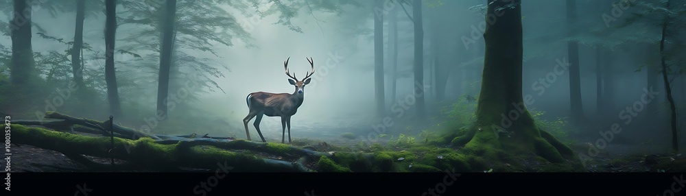 Obraz premium Deer in Misty Forest: A Mystical Encounter