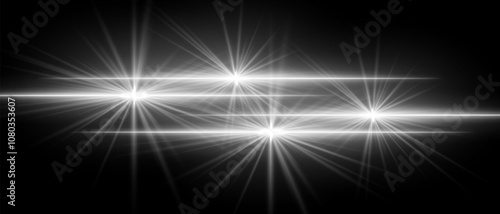 White light beams with star-like bursts and radiant glow. Horizontal streaks create intense illumination and contrasting colors on a dark background