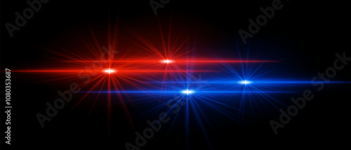 Red and blue light beams with star-like bursts and radiant glow. Horizontal streaks create intense illumination and contrasting colors on a dark background