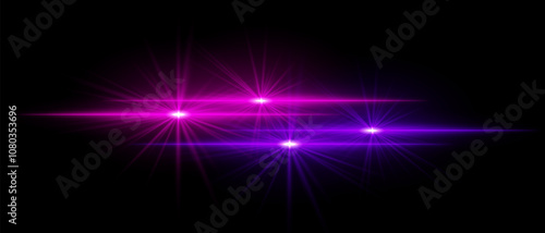 Purple light beams with star-like bursts and radiant glow. Horizontal streaks create intense illumination and contrasting colors on a dark background