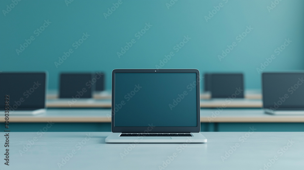 A virtual classroom setup with students participating through laptops, highlighting digital education tools, ambient light with space on the right for text A virtual classroom setup with students participating through laptops, highlighting digital education tools, ambient light with space on the right for text