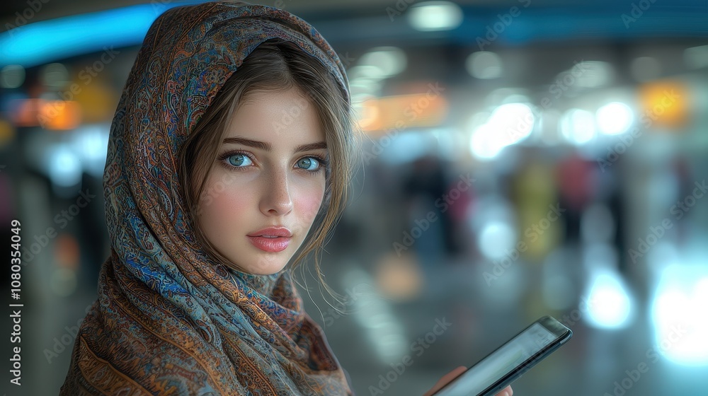 Young woman with beautiful blue eyes wearing a patterned scarf looks thoughtfully at a smartphone in a modern airport terminal with blurred background Young woman with beautiful blue eyes wearing a patterned scarf looks thoughtfully at a smartphone in a modern airport terminal with blurred background