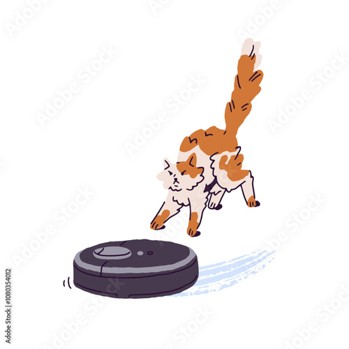 Cute cat is afraid of working robot vacuum cleaner. Amusing pet was scared by housework appliance. Frightened domestic animal, kitty is in fear. Flat isolated vector illustration on white background