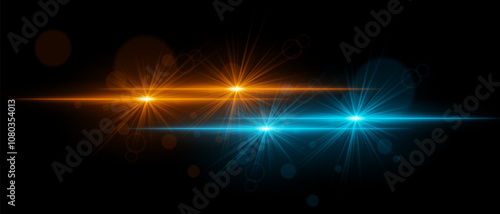 Orange and blue light beams with star-like bursts and radiant glow. Horizontal streaks create intense illumination and contrasting colors on a dark background