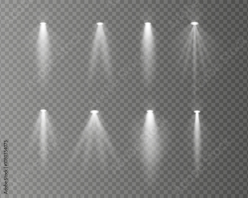 Set white realistic spotlight beams resembling overhead lamps and projector lights with soft glow and light rays on a transparent background. Ideal for highlighting and decorative effects