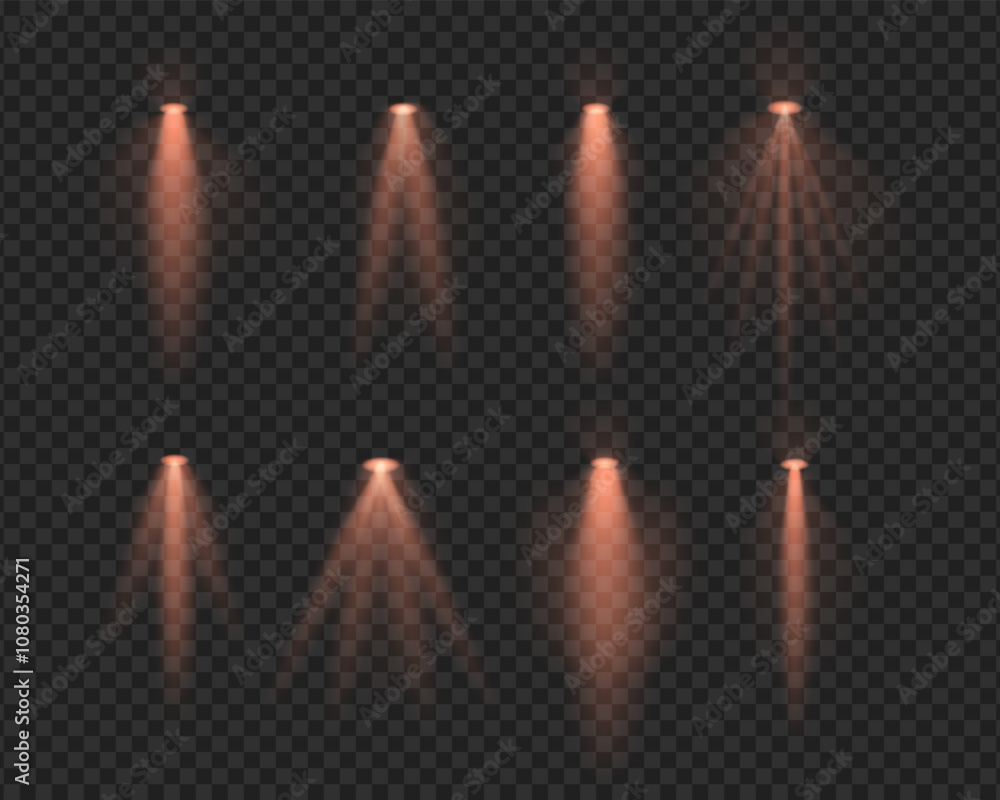 Set gold realistic spotlight beams resembling overhead lamps and projector lights with soft glow and light rays on a transparent background. Ideal for highlighting and decorative effects Set gold realistic spotlight beams resembling overhead lamps and projector lights with soft glow and light rays on a transparent background. Ideal for highlighting and decorative effects
