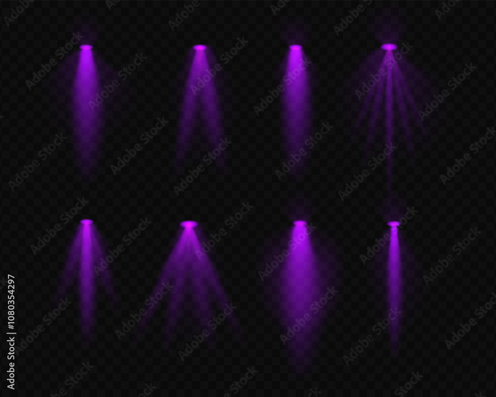 Set white realistic spotlight beams resembling overhead lamps and projector lights with soft glow and light rays on a transparent background. Ideal for highlighting and decorative effects Set white realistic spotlight beams resembling overhead lamps and projector lights with soft glow and light rays on a transparent background. Ideal for highlighting and decorative effects
