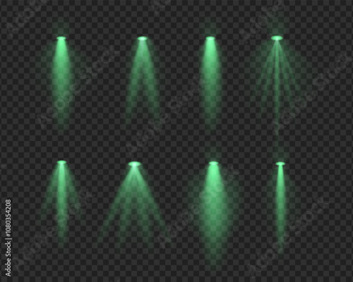Set green realistic spotlight beams resembling overhead lamps and projector lights with soft glow and light rays on a transparent background. Ideal for highlighting and decorative effects