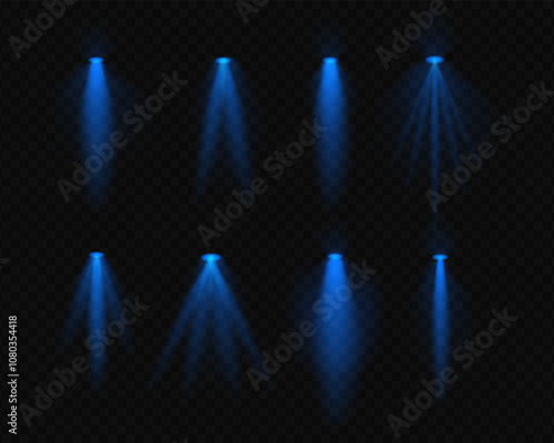 Set blue realistic spotlight beams resembling overhead lamps and projector lights with soft glow and light rays on a transparent background. Ideal for highlighting and decorative effects