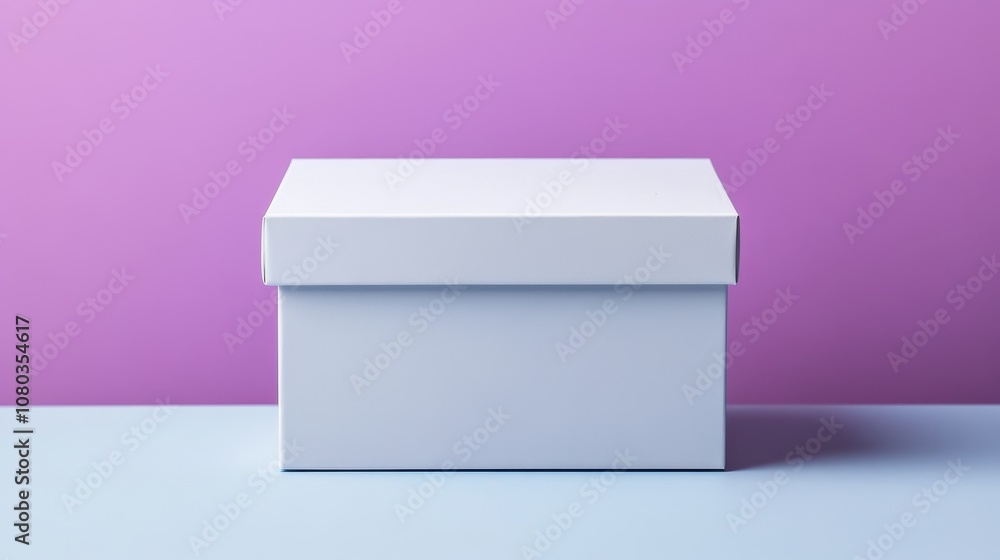 Minimalist White Box on Soft Background with Vibrant Purple and Light Blue Colors, Perfect for Packaging, Shipping, or Storage Imagery in Modern Design Context