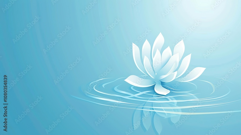 A single white lotus flower floating on a blue water surface. A single white lotus flower floating on a blue water surface.