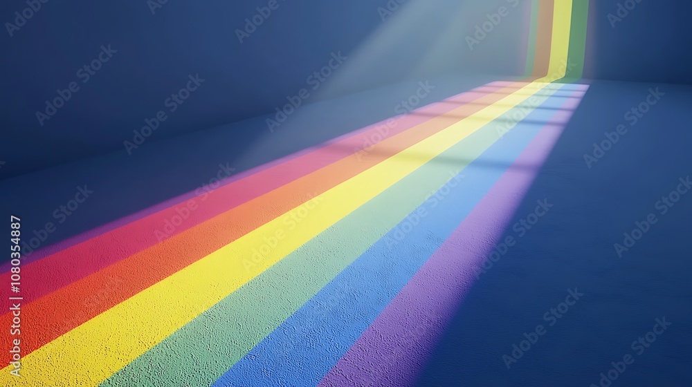 Fototapeta premium A Vibrant Spectrum of Colors Illuminates a Dark Room, Creating a Stunning Rainbow Effect on the Floor and Walls, Emphasizing the Beauty of Light in Space