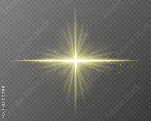 Bright golden light burst with star-shaped rays, sparkling particles, and a horizontal glow on a transparent background. Ideal for adding a radiant flash or glare effect