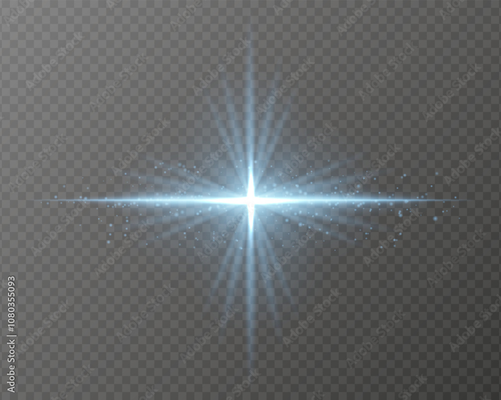 Bright blue light burst with star-shaped rays, sparkling particles, and a horizontal glow on a transparent background. Ideal for adding a radiant flash or glare effect Bright blue light burst with star-shaped rays, sparkling particles, and a horizontal glow on a transparent background. Ideal for adding a radiant flash or glare effect