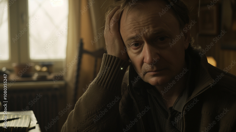 Obraz premium Middle-aged man sitting alone in a quiet room, holding his head with one hand, looking stressed and concerned. Emotional state of solitude and introspection.