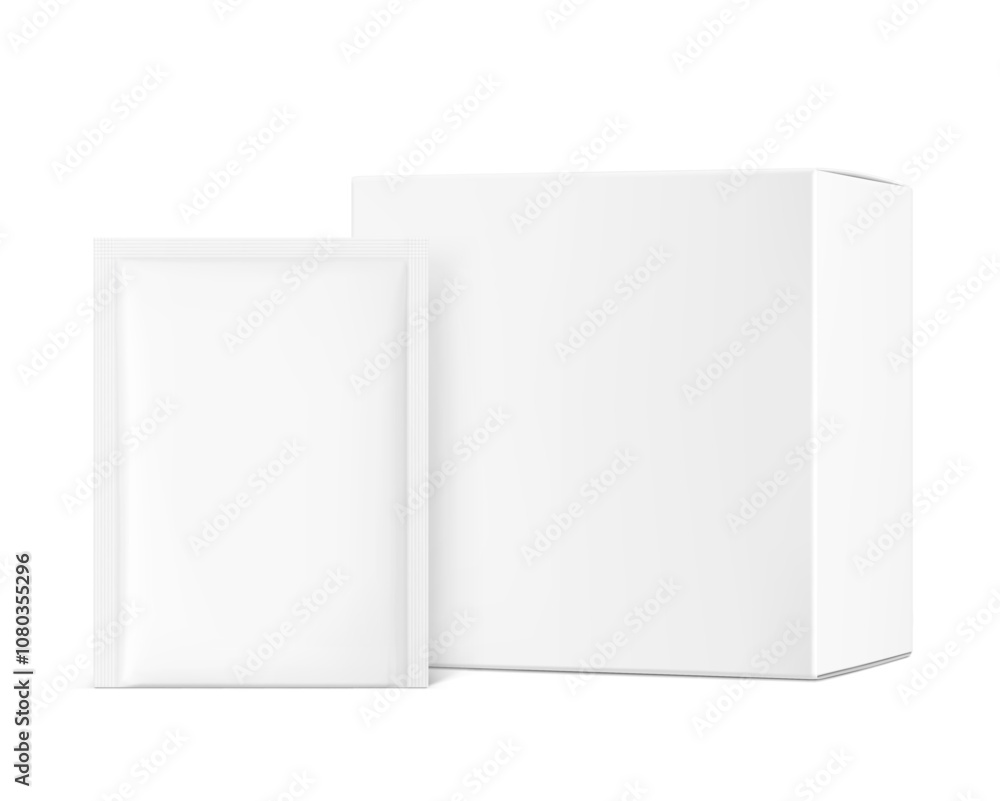 Realistic white closed paperboard box with sachet mockups. Vector illustration isolated on white background. Taking your 2D designs into 3D. Can be use for medicine, food, cosmetic and other. EPS10. Realistic white closed paperboard box with sachet mockups. Vector illustration isolated on white background. Taking your 2D designs into 3D. Can be use for medicine, food, cosmetic and other. EPS10.