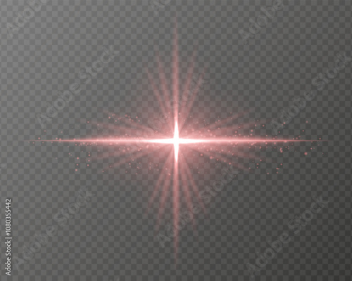 Bright red light burst with star-shaped rays, sparkling particles, and a horizontal glow on a transparent background. Ideal for adding a radiant flash or glare effect