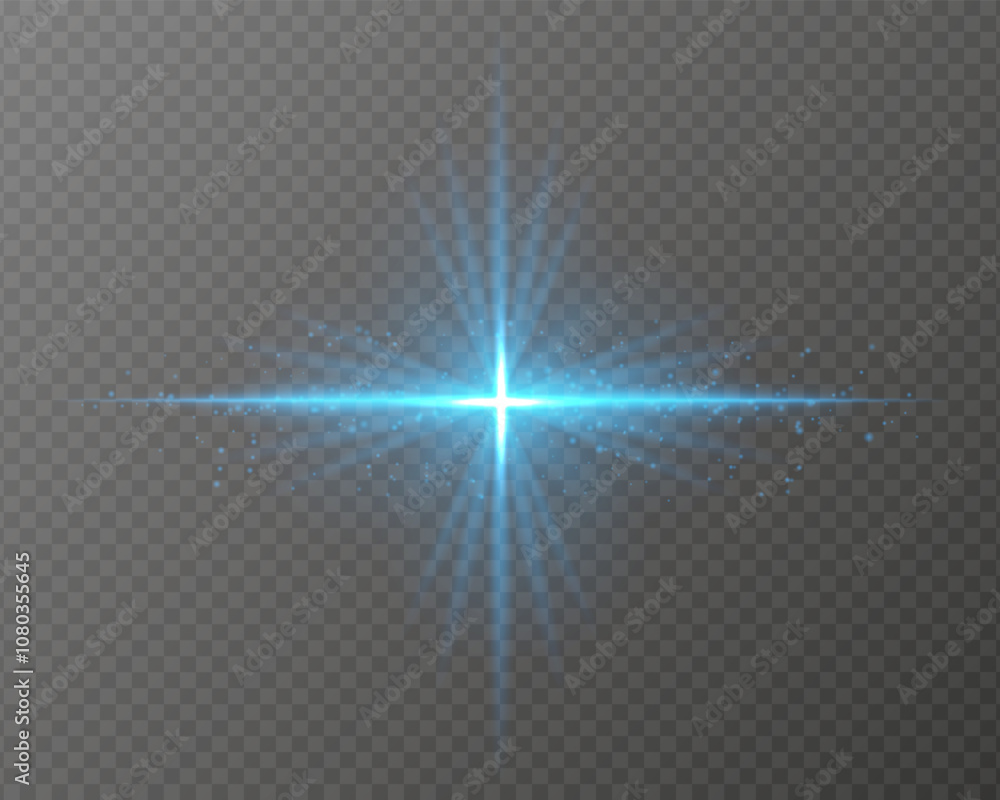 Bright blue light burst with star-shaped rays, sparkling particles, and a horizontal glow on a transparent background. Ideal for adding a radiant flash or glare effect Bright blue light burst with star-shaped rays, sparkling particles, and a horizontal glow on a transparent background. Ideal for adding a radiant flash or glare effect