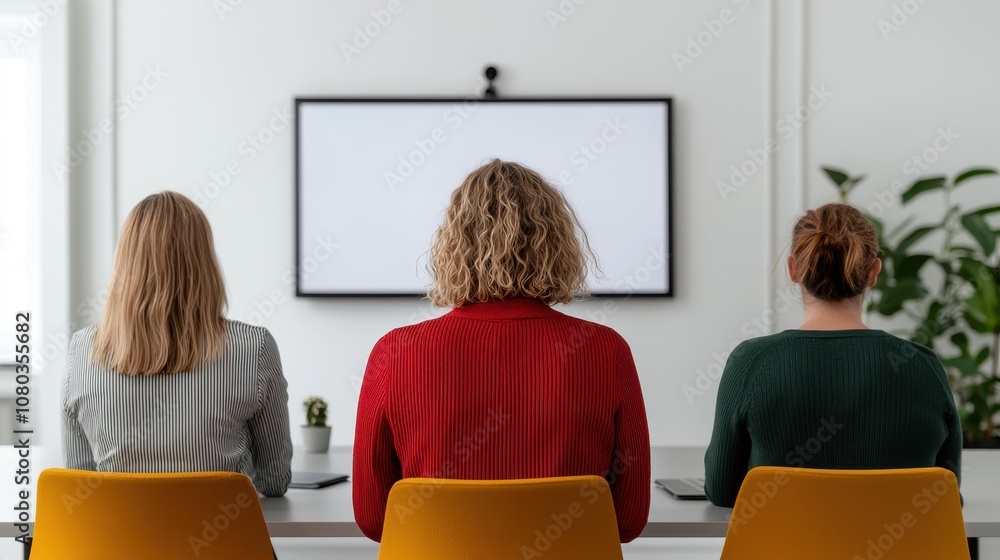 Group of Three Women Attending Virtual Meeting in Modern Workspace with Simple Decoration and Neutral Tones, Focus on Collaboration and Team Engagement Group of Three Women Attending Virtual Meeting in Modern Workspace with Simple Decoration and Neutral Tones, Focus on Collaboration and Team Engagement