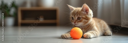 Playful Kitten and Colorful Ball in Minimalistic Room, vibrant colors, joyful atmosphere, clean lines, charming feline antics photo