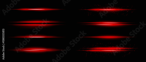 Collection of red horizontal light beams with glow, sparkles, and subtle particle effects. Radiant lines and glare on a dark background, ideal for adding highlight and intensity