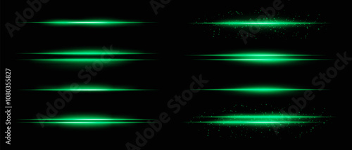 Collection of green horizontal light beams with glow, sparkles, and subtle particle effects. Radiant lines and glare on a dark background, ideal for adding highlight and intensity