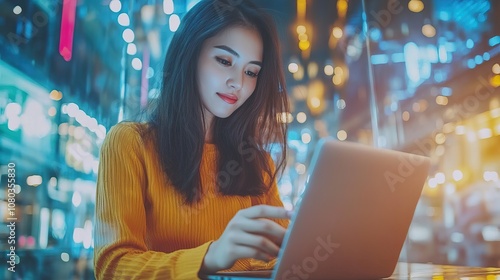 A young professional woman is busily multitasking with her laptop and smartphone in a stylish office environment at night