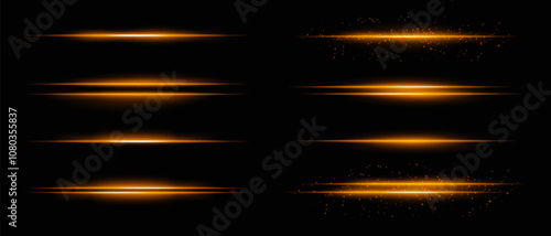 Collection of golden horizontal light beams with glow, sparkles, and subtle particle effects. Radiant lines and glare on a dark background, ideal for adding highlight and intensity