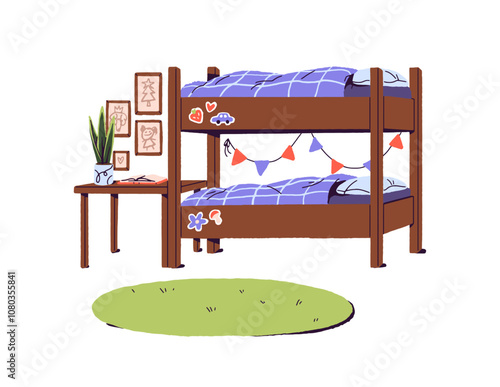 Bunk bed and workplace in nursery room. Modern kids bedroom with desk, carpet and cozy decor. Design of home interior, homely decoration. Flat isolated vector illustration on white background