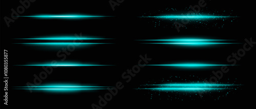 Collection of blue horizontal light beams with glow, sparkles, and subtle particle effects. Radiant lines and glare on a dark background, ideal for adding highlight and intensity