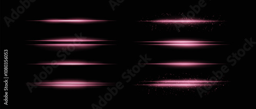 Collection of purple horizontal light beams with glow, sparkles, and subtle particle effects. Radiant lines and glare on a dark background, ideal for adding highlight and intensity