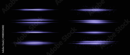 Collection of purple horizontal light beams with glow, sparkles, and subtle particle effects. Radiant lines and glare on a dark background, ideal for adding highlight and intensity