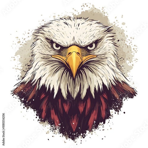 Close-up of a majestic bald eagle with a fierce expression, rendered in a digital illustration style with a textured background. photo