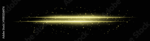 Intense gold horizontal light beams with glowing particles and sparkle effects. Bright radiant lines on a dark background, ideal for adding dramatic highlights