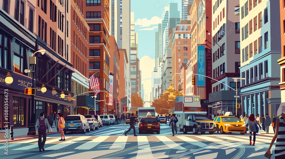 Obraz premium A cartoon illustration of a city street with tall buildings, traffic, and people walking.