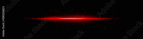 Intense red horizontal light beam with glowing particles and soft sparkle effects. Bright radiant line on a dark background, ideal for adding a futuristic glow