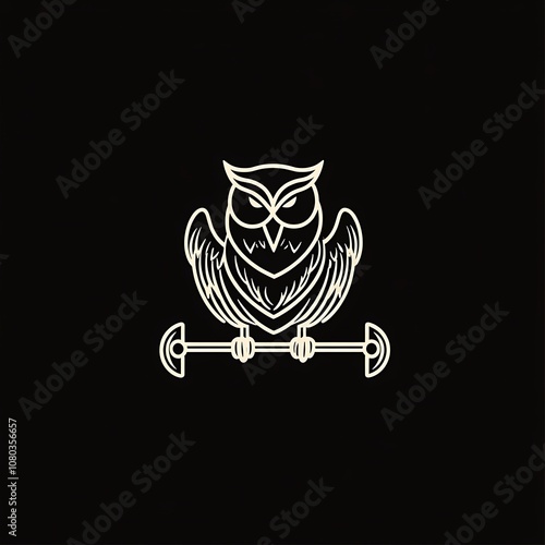 Minimalist line art owl perched on a stylized branch. photo