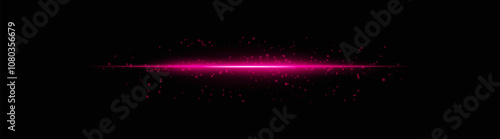 Intense purple horizontal light beam with glowing particles and soft sparkle effects. Bright radiant line on a dark background, ideal for adding a futuristic glow