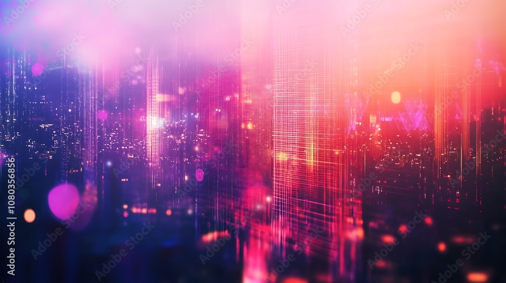 Naklejka premium A vibrant, abstract digital landscape with colorful light streaks and bokeh effects.