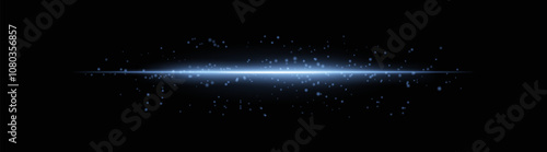 Intense blue horizontal light beam with glowing particles and soft sparkle effects. Bright radiant line on a dark background, ideal for adding a futuristic glow