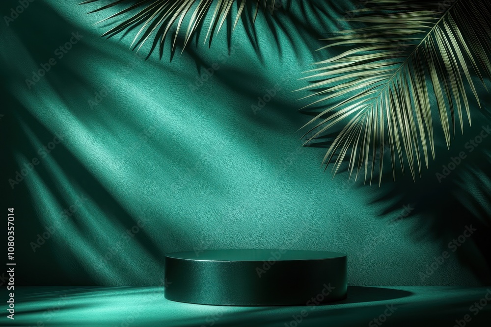 Obraz premium Green backdrop with podium and palm. Perfect for showcasing products, especially beauty, wellness, and skincare.