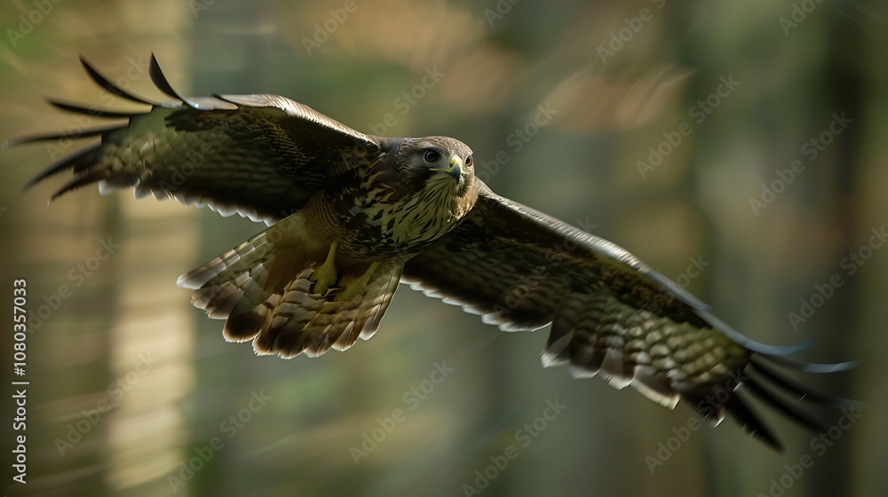 Obraz premium Common Buzzard in Flight, Sharp Eyes, Brown Feathers, Green Forest Background