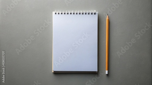 Blank notebook mockup with pencil on grey background high angle