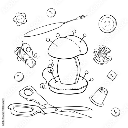 WebVector illustration pincushion and sewing accessories. Handicraft tools hand drawn in doodle style.