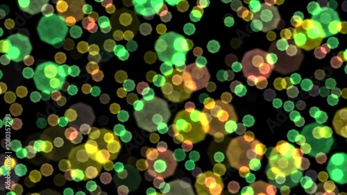 Abstract Pattern of Green, Yellow, and Orange Hexagonal Bokeh on Black Background