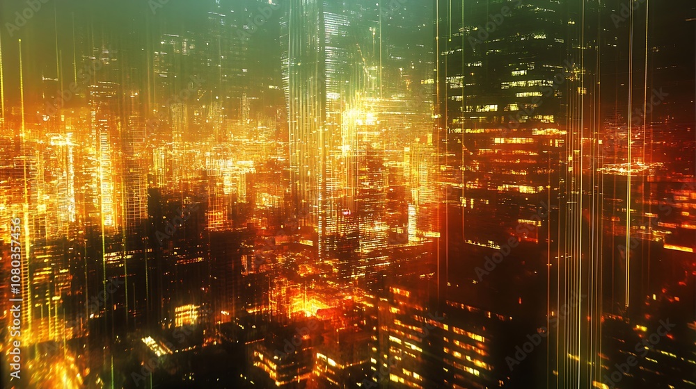 Fototapeta premium A vibrant, abstract cityscape illuminated with glowing lights and vertical lines, evoking a futuristic atmosphere.