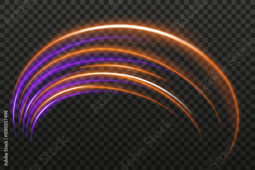 Red and blue light glare beams with a sharp curved reflection. Sci-fi designs, light transitions, and futuristic effects. Glowing neon streaks and dynamic shine on transparent background