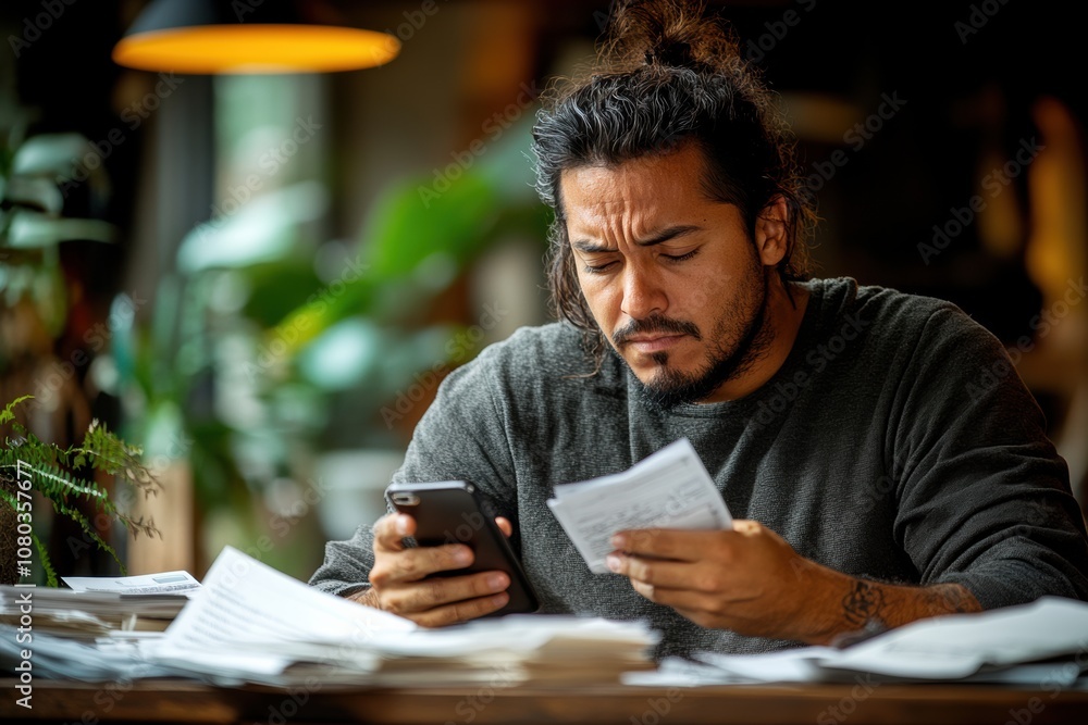 Frustrated man reviewing documents with focus and concentration Frustrated man reviewing documents with focus and concentration