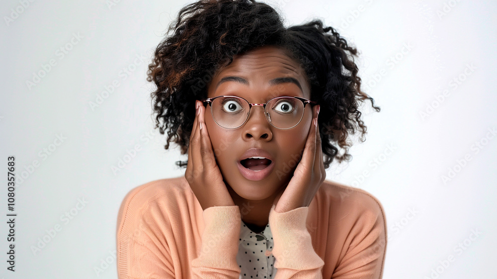 Surprised woman wearing glasses, hands to her cheeks, wide-eyed expression. Captures a strong moment of emotion, blending shock and awe with captivating intensity Surprised woman wearing glasses, hands to her cheeks, wide-eyed expression. Captures a strong moment of emotion, blending shock and awe with captivating intensity