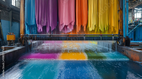 vibrant display of dye streams flowing into basin, showcasing spectrum of colors including pink, orange, yellow, and blue. scene captures beauty of color mixing in textile factory